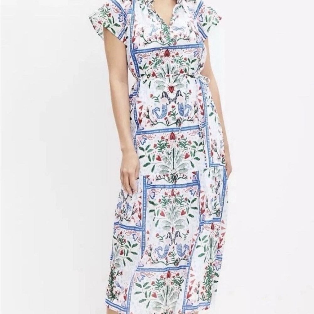 LOFT Mermaid Garden Novelty Print Midi/Maxi Belted Tiered 100% Cotton Dress